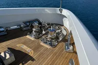 Bilgin Custom 150 yacht deck, 2014 model, featuring polished winches and teak flooring.