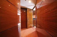 Luxurious wooden interior hallway of 2014 Bilgin Custom 150 yacht.