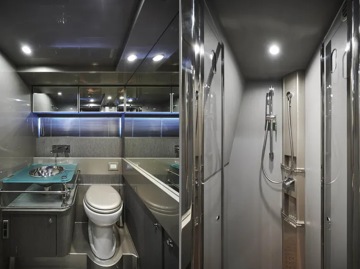  Yacht Photos Pics Luxurious bathroom interior of 2014 Riva Rivarama Super 44 yacht, featuring modern fixtures.