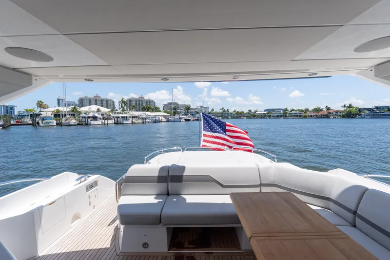 Brew Crew Yacht Photos Pics Sunseeker Predator 60 yacht, 2022 model, with American flag, docked in a marina.