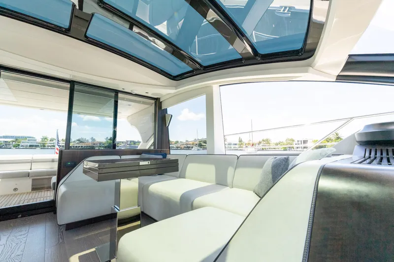 Brew Crew Yacht Photos Pics Luxurious interior of 2022 Sunseeker Predator 60 yacht with panoramic windows and modern seating.