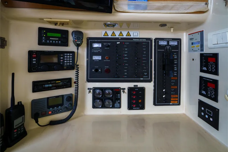 Dreaming On Yacht Photos Pics Control panel of a 2003 Leopard 47 yacht with various navigation and communication equipment.