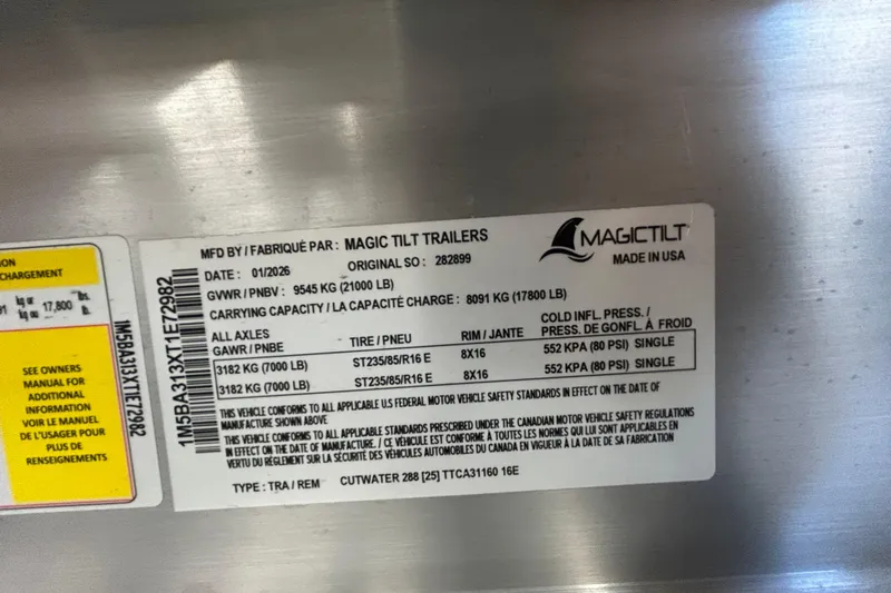  Yacht Photos Pics Label on Magic Tilt trailer with specifications for Cutwater C-288 Coupe, 2024 model.