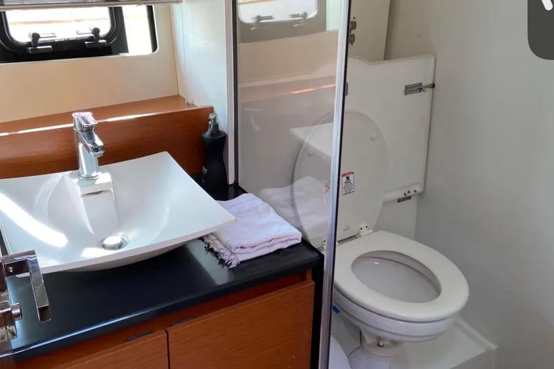  Yacht Photos Pics Modern bathroom in 2016 Prestige 450S yacht with sink and toilet.