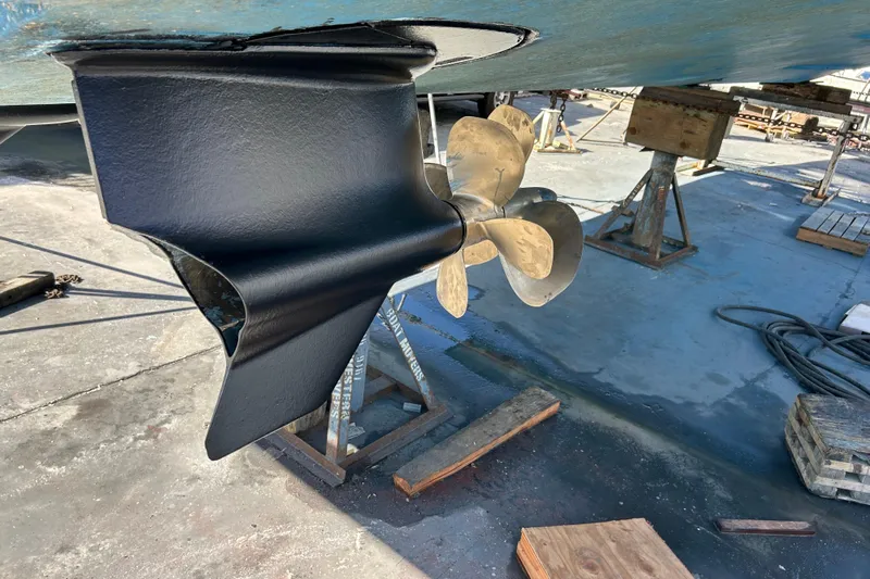  Yacht Photos Pics Propeller and rudder of a 2016 Prestige 450S yacht on dry dock.