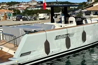 2008 Fjord 40' Open yacht docked at a marina, showcasing sleek design and modern features.