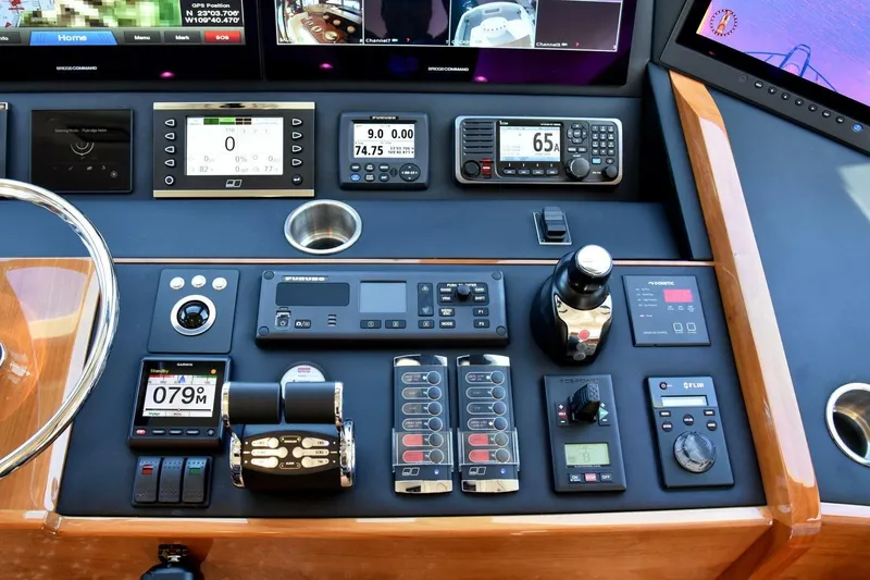  Yacht Photos Pics Control panel of a 2019 Viking 80 Skybridge yacht with advanced navigation instruments.