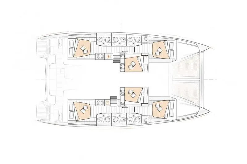 Tranquillity Yacht Photos Pics Floor plan of 2022 Excess 15 catamaran, featuring cabins and bathrooms layout.