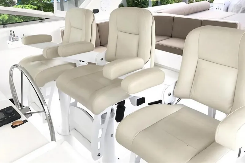 Harbor Lady Yacht Photos Pics Luxurious seating on 2005 Pacific Mariner Raised Pilothouse Motor Yacht's helm.