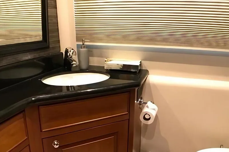 Harbor Lady Yacht Photos Pics Luxurious bathroom in 2005 Pacific Mariner Raised Pilothouse Motor Yacht with sleek design.