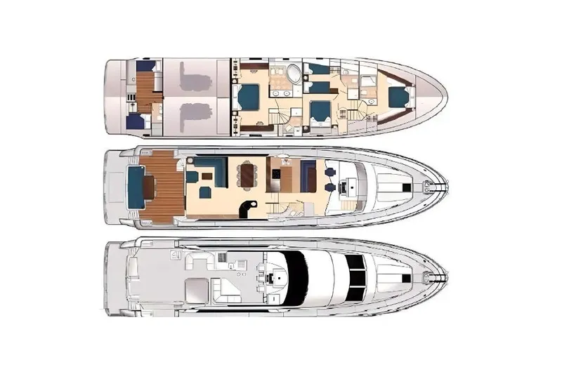 Harbor Lady Yacht Photos Pics Floor plan of 2005 Pacific Mariner Raised Pilothouse Motoryacht, showcasing three levels.