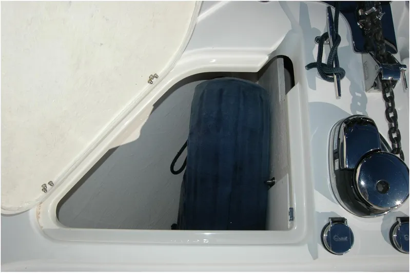 Serendipity Yacht Photos Pics Storage compartment on 2019 Sabre 38 Salon Express boat with marine equipment.