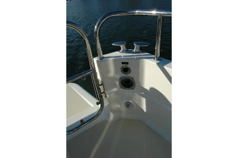Serendipity Yacht Photos Pics 2019 Sabre 38 Salon Express boat deck with chrome railings and water fittings.