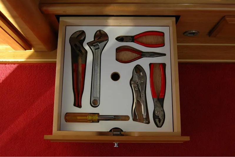 Serendipity Yacht Photos Pics Drawer with assorted tools on a 2019 Sabre 38 Salon Express boat.