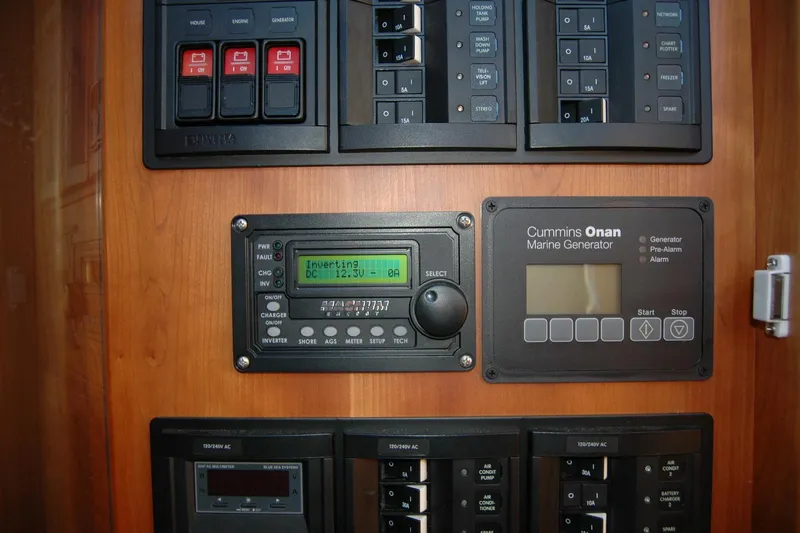 Serendipity Yacht Photos Pics Control panel of a 2019 Sabre 38 Salon Express with Cummins Onan Marine Generator.