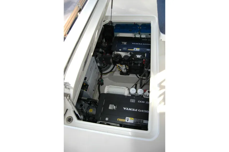 Serendipity Yacht Photos Pics Engine compartment of 2019 Sabre 38 Salon Express with Volvo Penta engines.