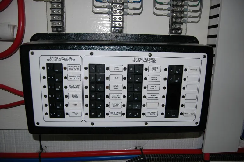 Serendipity Yacht Photos Pics Electrical panel on a 2019 Sabre 38 Salon Express boat, showing circuit switches.