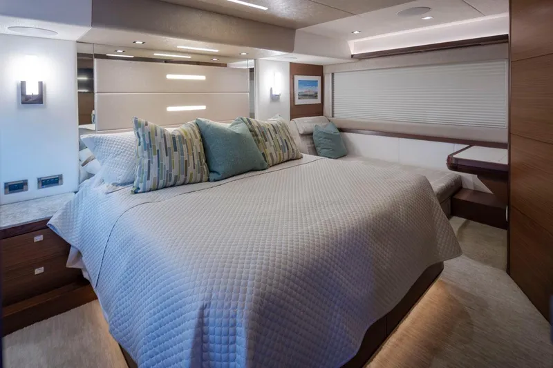 Crescent Moon Yacht Photos Pics Luxurious bedroom interior of 2017 Ocean Alexander 70E Motoryacht with modern decor.