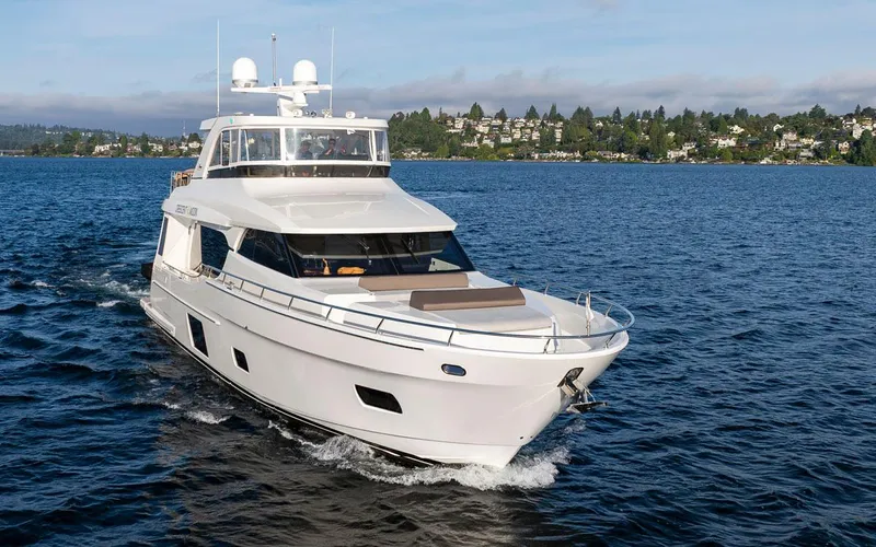 Crescent Moon Yacht Photos Pics 2017 Ocean Alexander 70E Motoryacht cruising on a scenic lake.