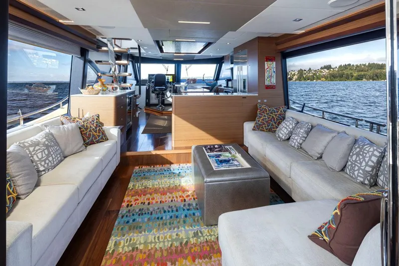 Crescent Moon Yacht Photos Pics Luxurious interior of 2017 Ocean Alexander 70E Motoryacht with modern decor and scenic water views.