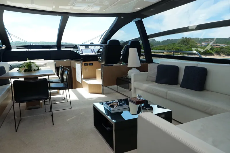  Yacht Photos Pics Luxurious interior of 2017 Riva 76 Perseo yacht with modern seating and panoramic windows.