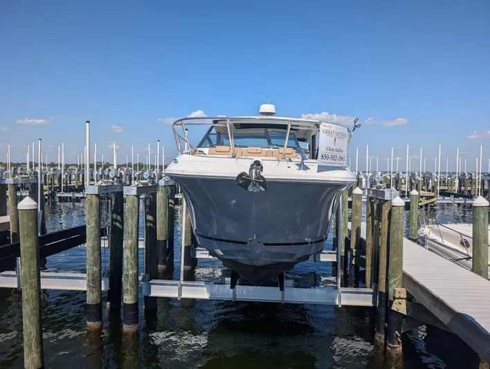  Yacht Photos Pics 2019 Sea Ray Sundancer 320 docked at marina under clear blue sky.