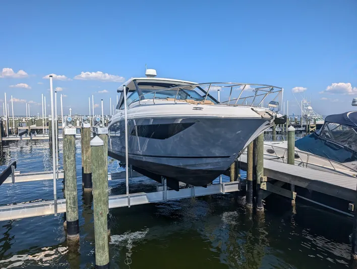  Yacht Photos Pics 2019 Sea Ray Sundancer 320 docked at marina under clear blue sky.