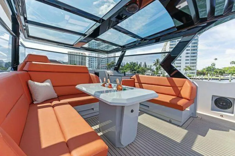 Incentivized Yacht Photos Pics Luxurious 2021 Vanquish VQ58 yacht interior with orange seating and glass roof.