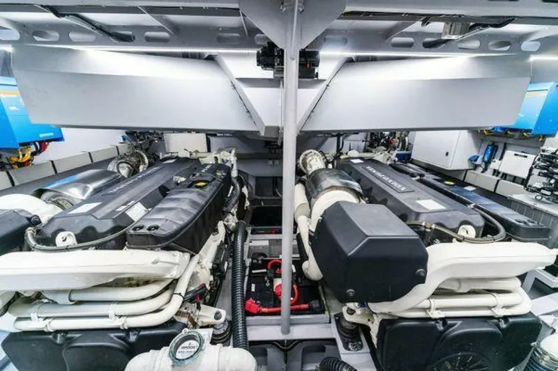 Incentivized Yacht Photos Pics Engine room of 2021 Vanquish VQ58 yacht, showcasing dual powerful engines.