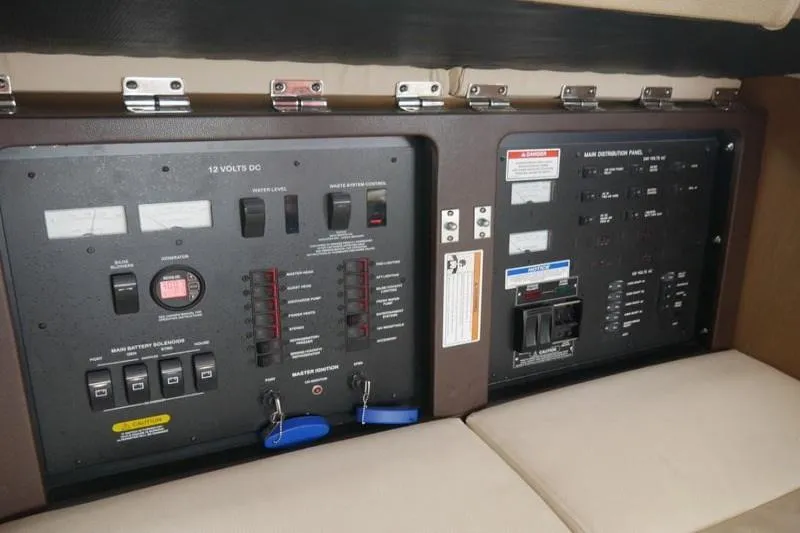 Necessity Yacht Photos Pics Electrical control panel on a 2017 Sea Ray Fly 400 yacht.