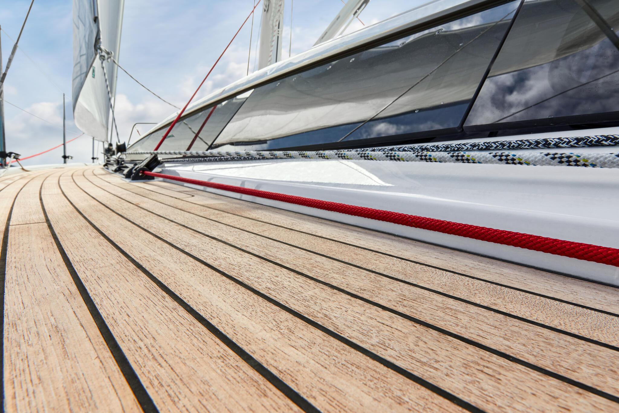 Close-up of the teak deck on a 2025 Dehler 38 SQ sailboat.