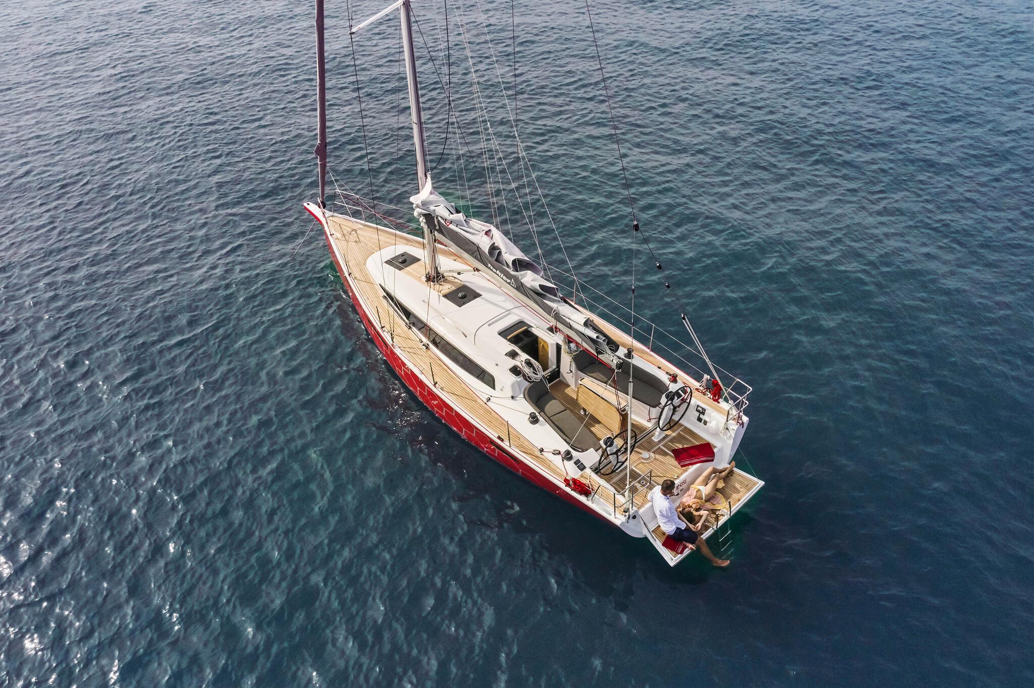 Aerial view of 2025 Dehler 38 SQ sailboat on open water.