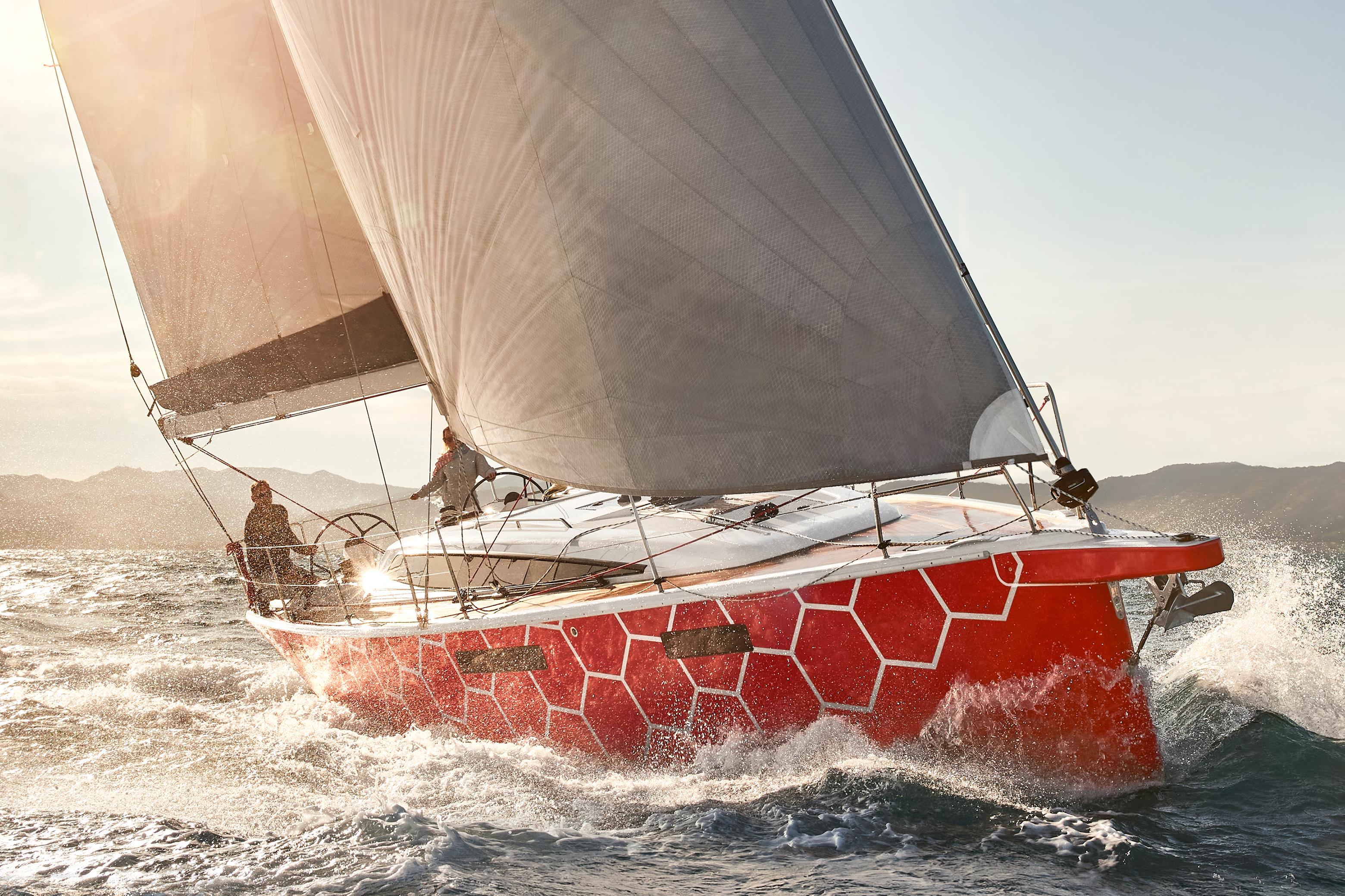 2025 Dehler 38 SQ sailboat navigating through waves.