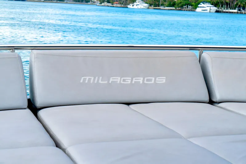  Yacht Photos Pics Luxury seating on 2013 Pershing 82 yacht, "Milagros," with ocean view.