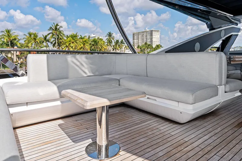 Don Tortuga Yacht Photos Pics Luxurious Sunseeker Ocean 90 yacht deck with modern seating, 2024 model.