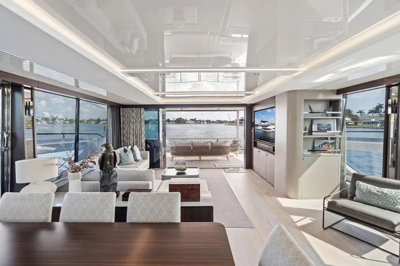Don Tortuga Yacht Photos Pics Luxurious interior of 2024 Sunseeker Ocean 90 yacht with elegant furnishings and waterfront views.