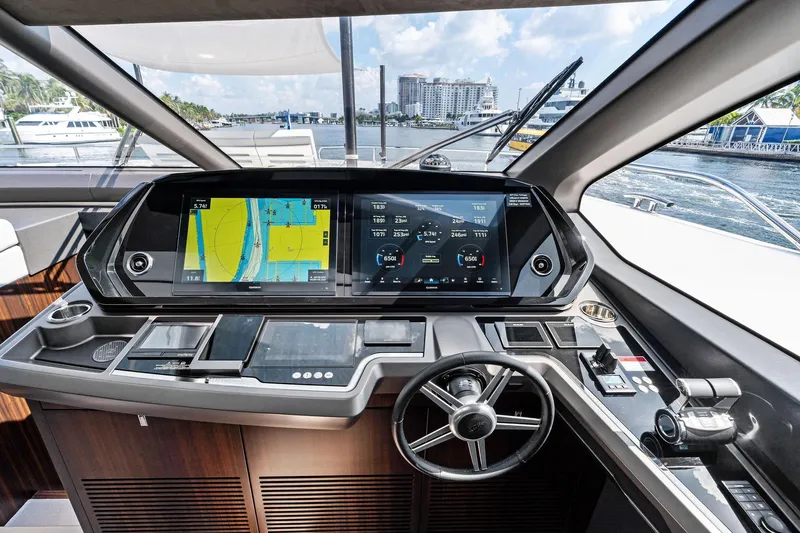 Don Tortuga Yacht Photos Pics Helm of 2024 Sunseeker Ocean 90 yacht with advanced navigation displays.