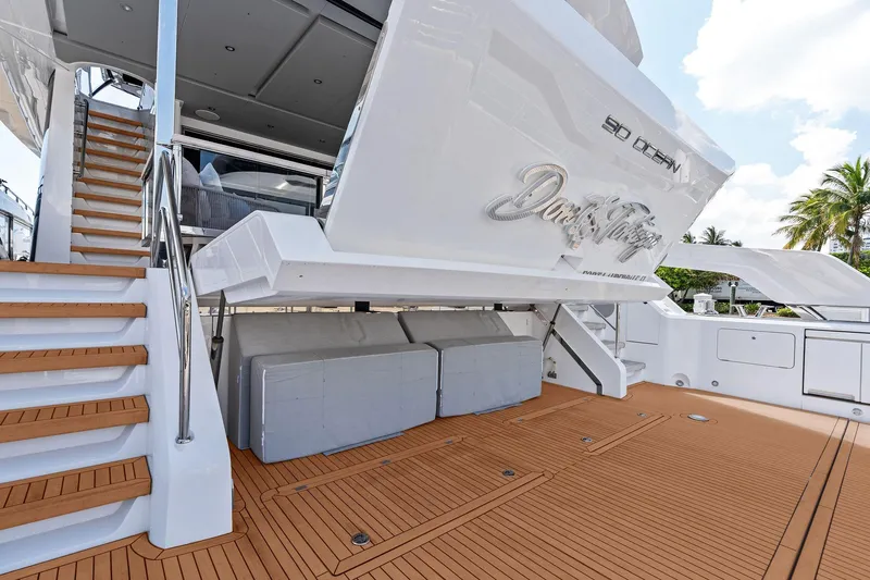 Don Tortuga Yacht Photos Pics 2024 Sunseeker Ocean 90 yacht deck with stairs and storage area.