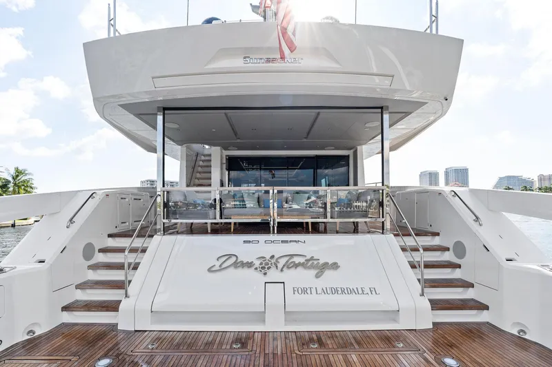 Don Tortuga Yacht Photos Pics 2024 Sunseeker Ocean 90 yacht, rear view, docked in Fort Lauderdale, Florida.