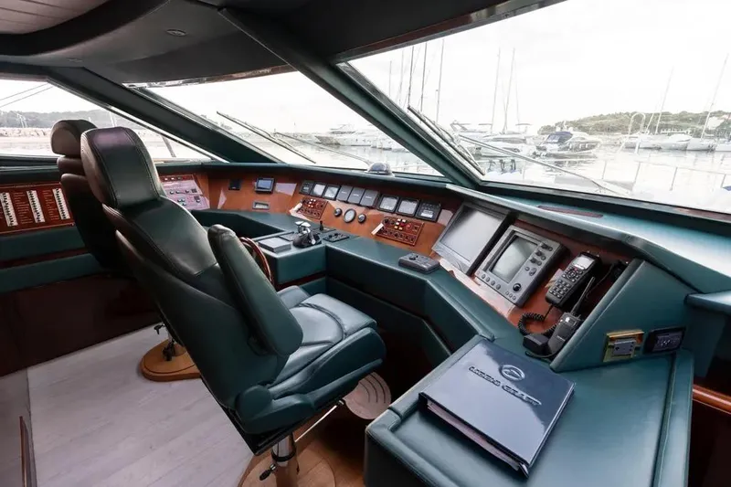  Yacht Photos Pics Luxurious Mochi 2250 yacht cockpit, 2003 model, featuring advanced navigation controls and leather seating.