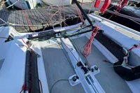 2022 Dehler 30 sailboat cockpit with rigging and ropes, docked at marina.