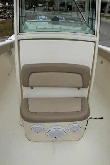  Yacht Photos Pics 2011 Scout 282 XSF boat interior with cushioned seating and speakers.