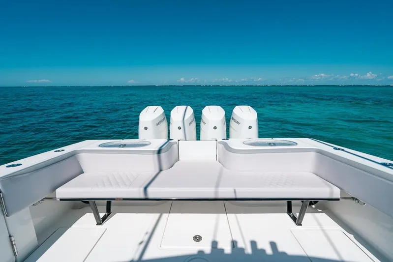  Yacht Photos Pics 2024 SeaHunter 39 Tournament boat with quad Mercury engines on open ocean.