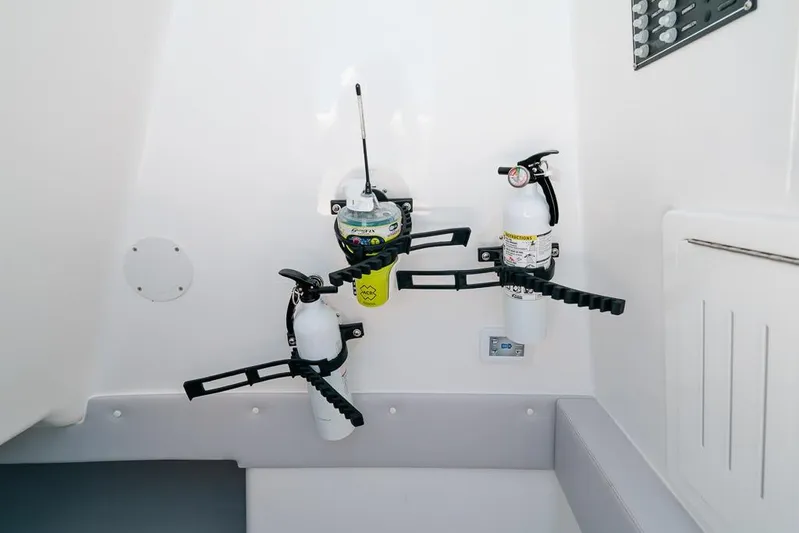  Yacht Photos Pics Fire extinguishers and safety equipment on 2024 SeaHunter 39 Tournament boat interior.