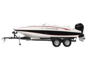 2021 Tahoe 1950 boat on trailer, white with black and red accents, side view.