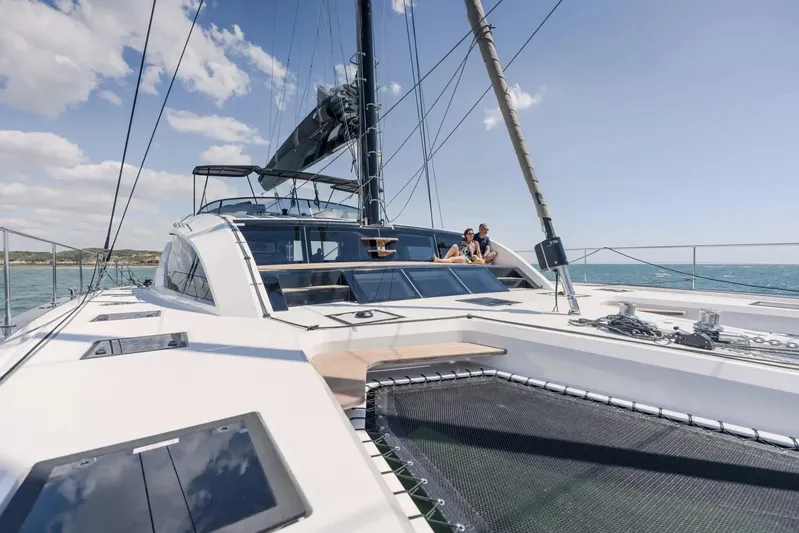  Yacht Photos Pics Luxury sailing on Privilege Signature 650 yacht, 2027 model, with people enjoying the deck.