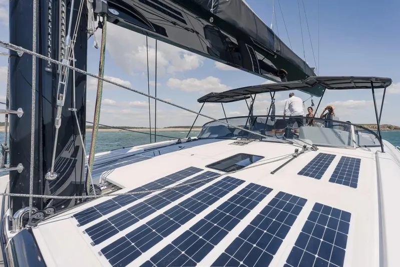  Yacht Photos Pics Luxury Privilege Signature 650 yacht with solar panels, sailing on a sunny day, 2027 model.