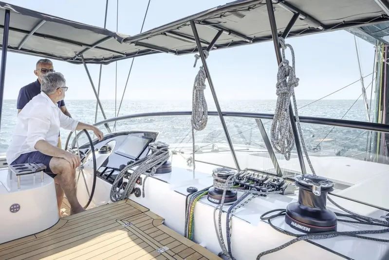  Yacht Photos Pics Two people navigating a 2027 Privilege Signature 650 yacht on open water.