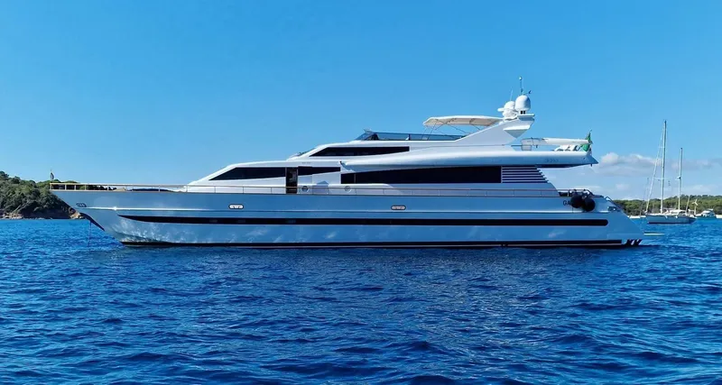 Toi Moi Et Roby Yacht Photos Pics Luxurious 2008 Diano 29 yacht on calm blue waters under a clear sky.