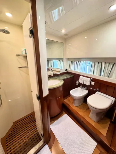 Toi Moi Et Roby Yacht Photos Pics Luxurious bathroom on 2008 Diano 29 yacht with shower, toilet, and bidet.